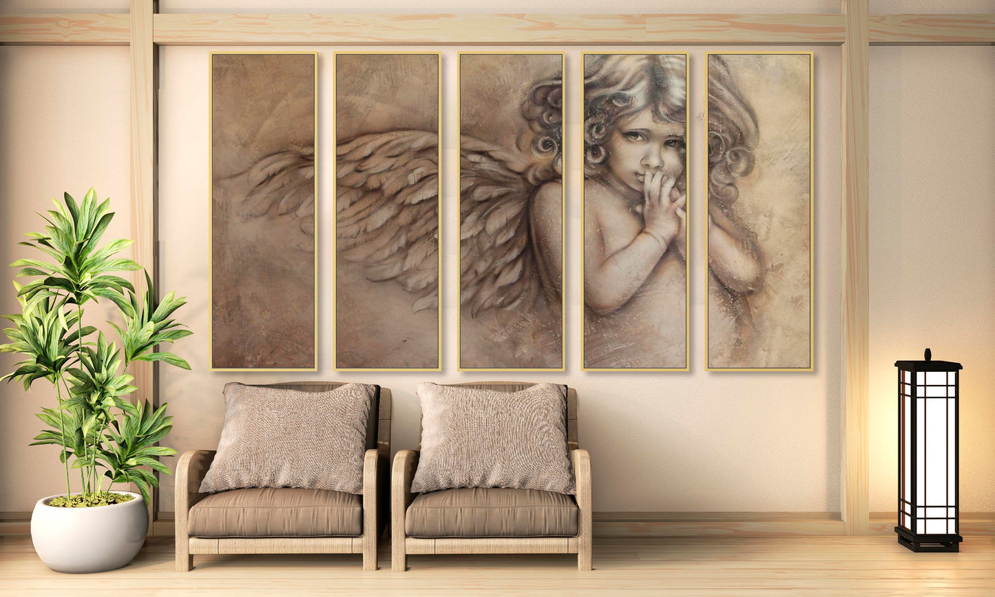 Large angel canvas wall art, religious framed painting on canvas, printable multi panel angel artwork in floater frame, hanging wall decor