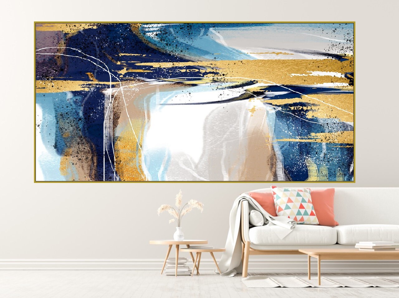 Abstract blue gold framed wall art, extra large printable canvas artwork, modern floater frame wall art, living room hanging wall gecor