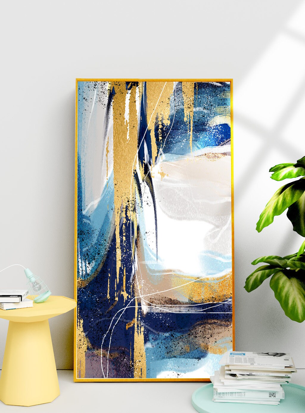 Abstract blue gold framed wall art, extra large printable canvas artwork, modern floater frame wall art, living room hanging wall gecor