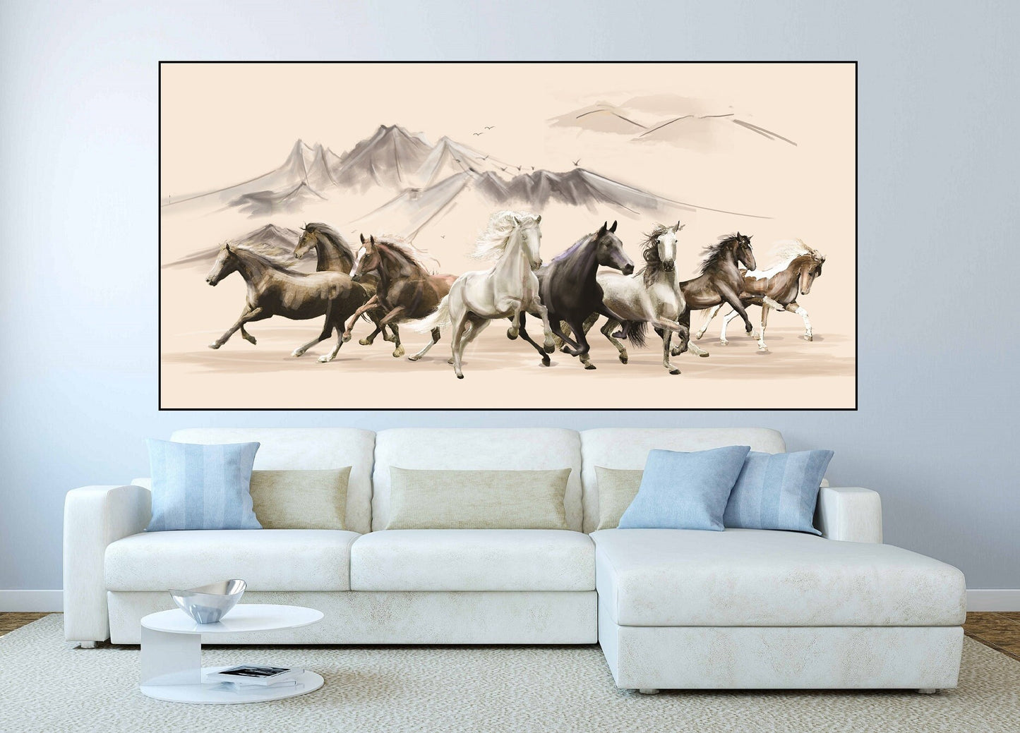 Large framed horses herd wall art, animal hanging wall decor in floater frame, printable western canvas artwork, mountains canvas print