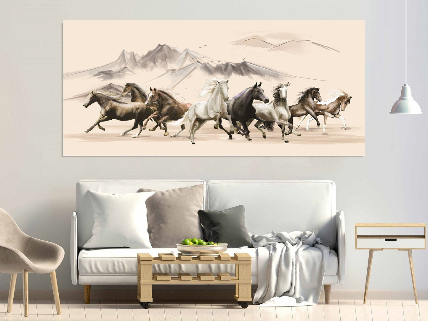 Large framed horses herd wall art, animal hanging wall decor in floater frame, printable western canvas artwork, mountains canvas print