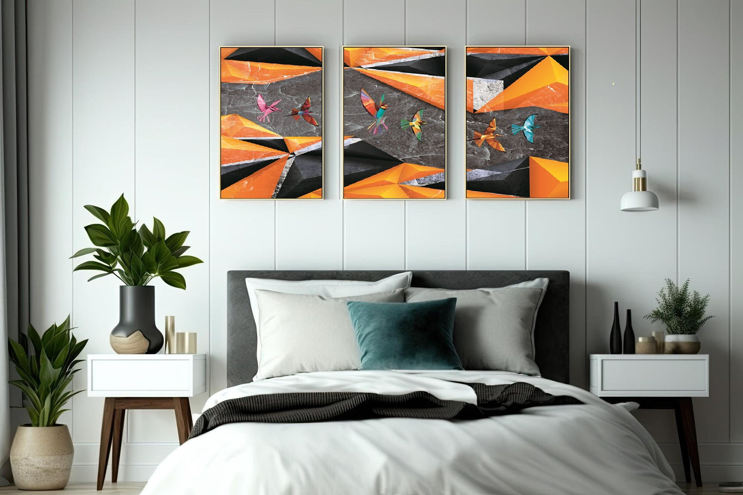 Set of three large framed canvas artwork, abstract birds floater frame wall art, printable black orange hanging wall decor for bedroom