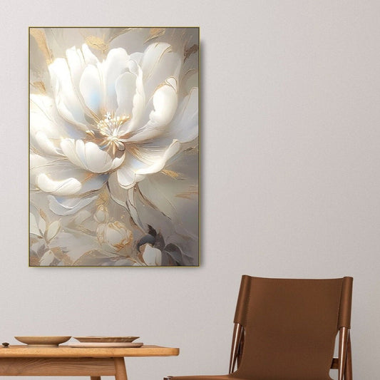 Big flower wall art, large floral canvas print, white wildflower artwork, floating frame oil painting wall art, botanical bedroom artwork