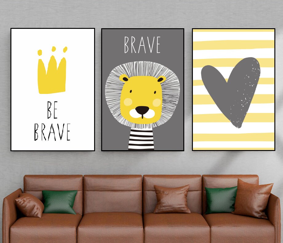 Large nursery wall art, grey yellow kids canvas print, set of three children artworks, floater frame bedroom wall art, inspirational artwork