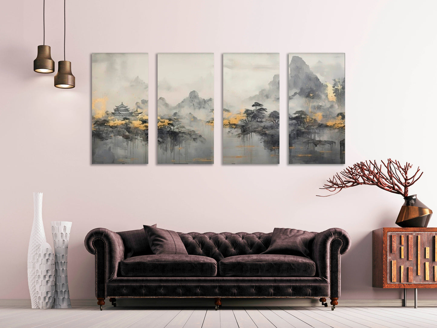 Large landscape wall art, multi piece canvas print, printable Japanese artwork, set of 3 pictures, grey bedroom wall art, artwork for gift