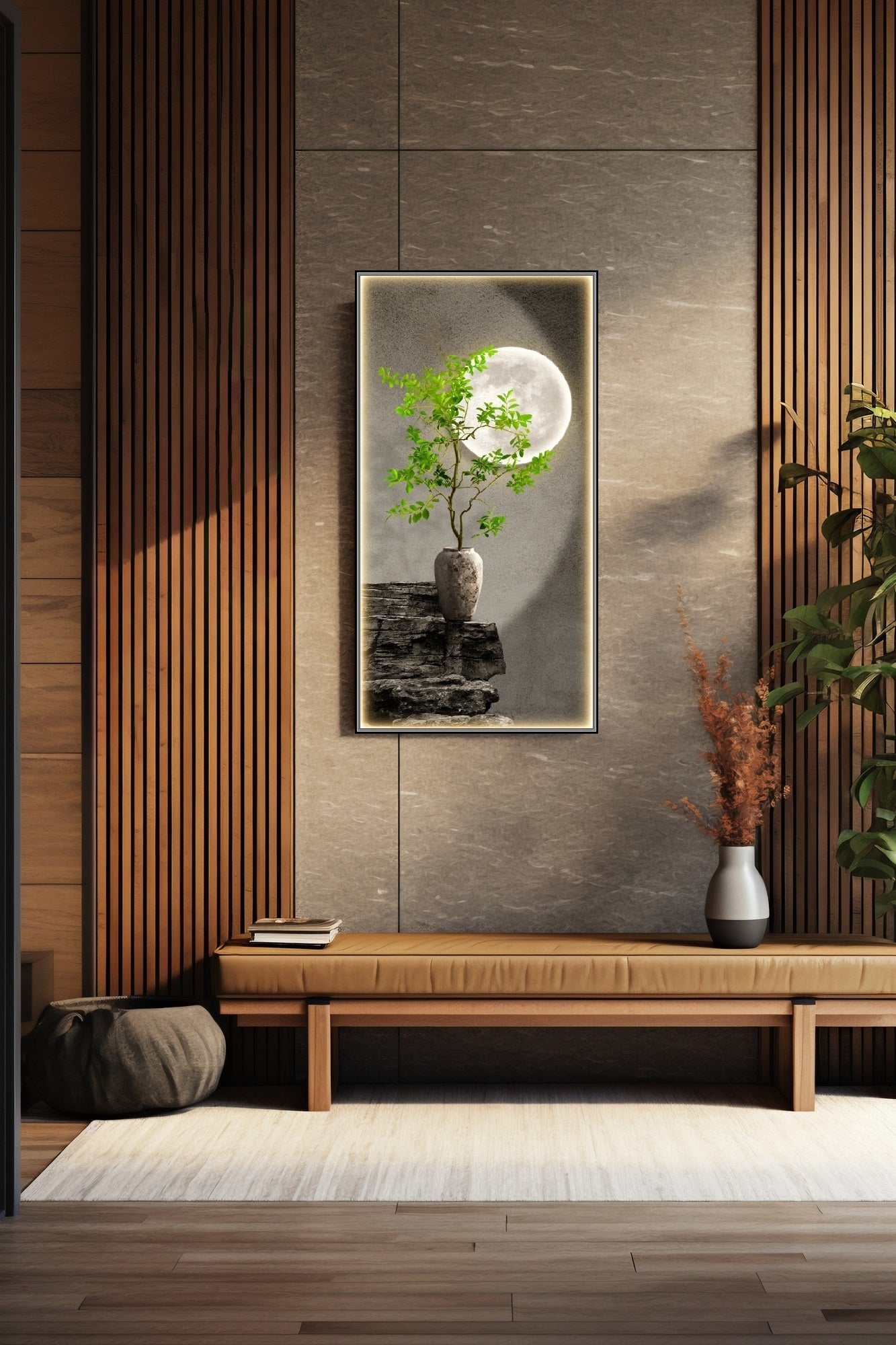 Nature wall art, large botanical canvas print, framed moon artwork, printable grey green wall art, floater frame living room canvas print