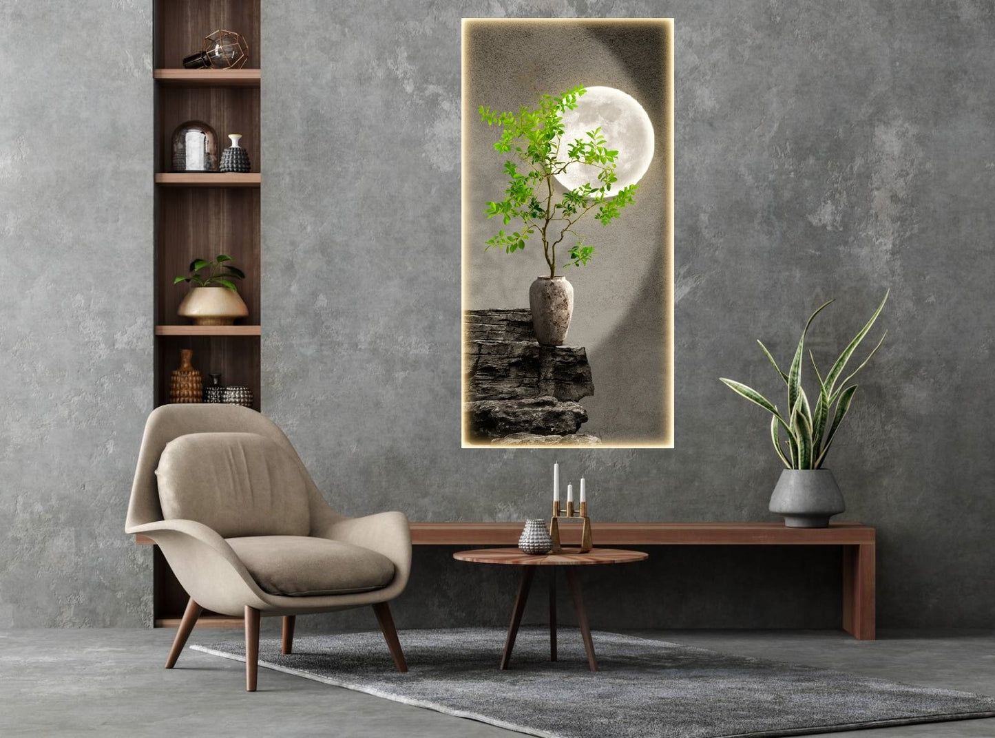 Nature wall art, large botanical canvas print, framed moon artwork, printable grey green wall art, floater frame living room canvas print