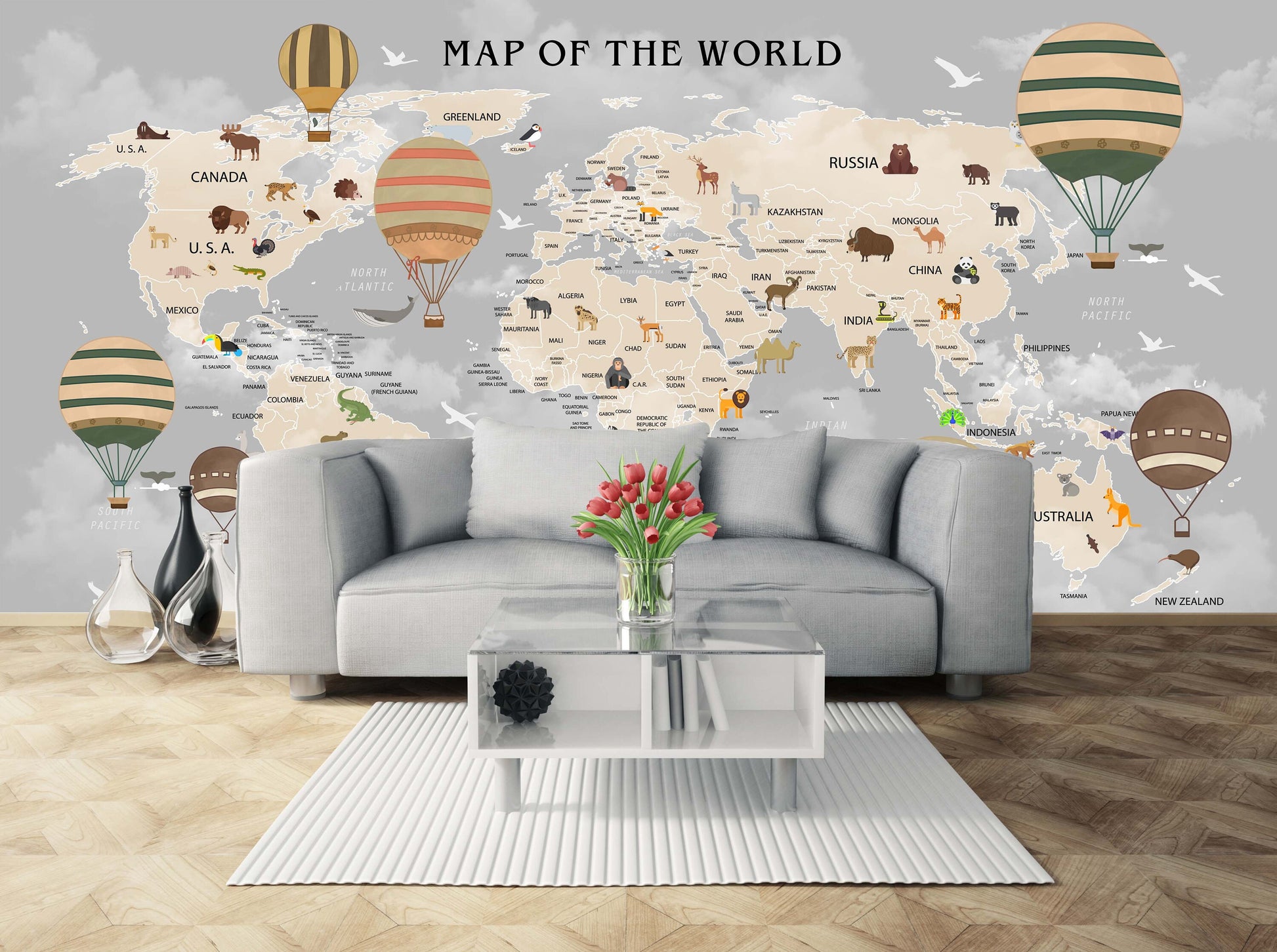 Animal world map World map mural Removable wallpaper Textured wallpaper nursery wallpaper vinyl wallpaper modern wallpaper wall print art