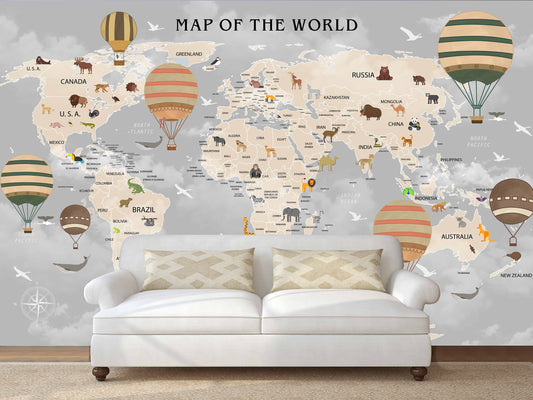 Animal world map World map mural Removable wallpaper Textured wallpaper nursery wallpaper vinyl wallpaper modern wallpaper wall print art