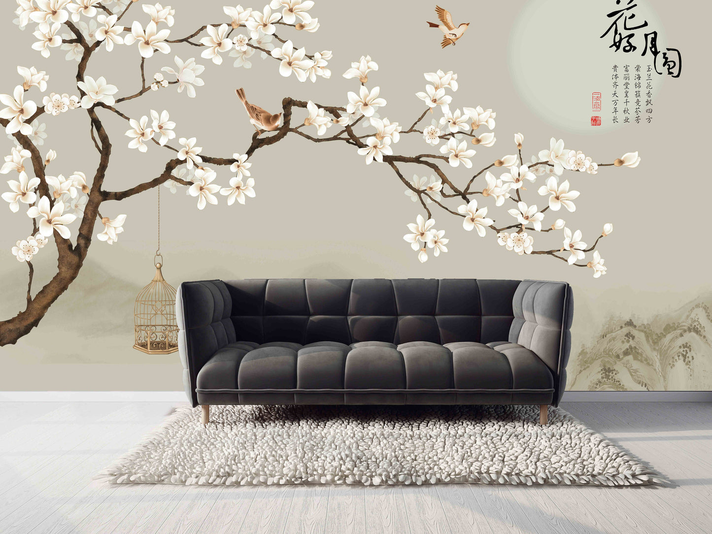 Sakura blossoms Japanese wall art Flowers wallpaper Peel&stick wallpaper Asian wall art Botanical removable wallpaper Chinoiserie wallpaper