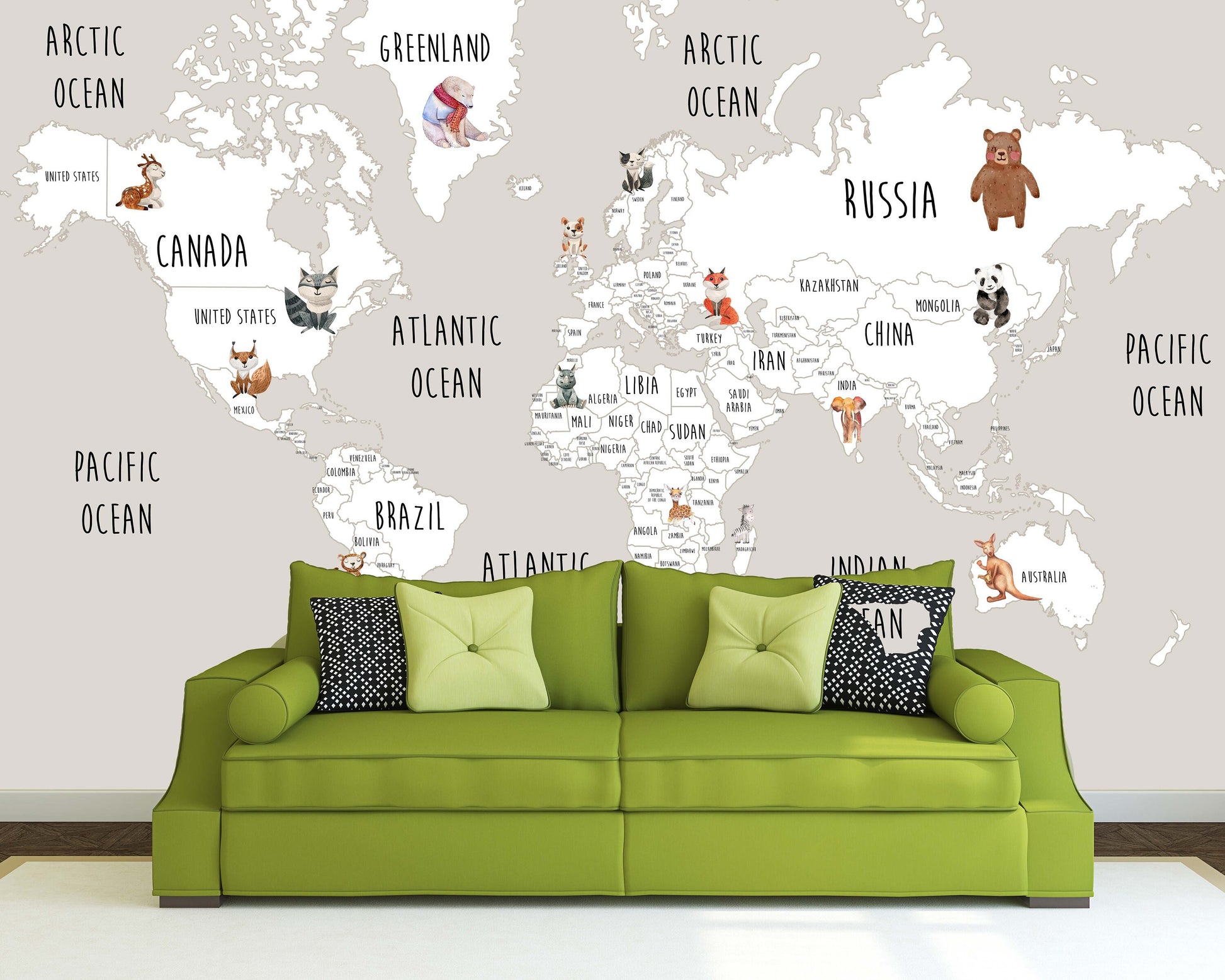 Animal world map World map mural Removable wallpaper Textured wallpaper nursery wallpaper vinyl wallpaper modern wallpaper wall print art