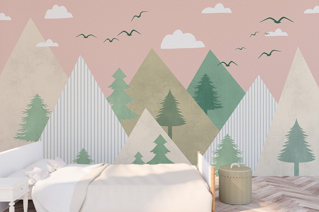 Nursery girl wallpaper Blush wallpaper Removable wallpaper Nature tapestry nursery wallpaper mountains wall art Wall mural photography