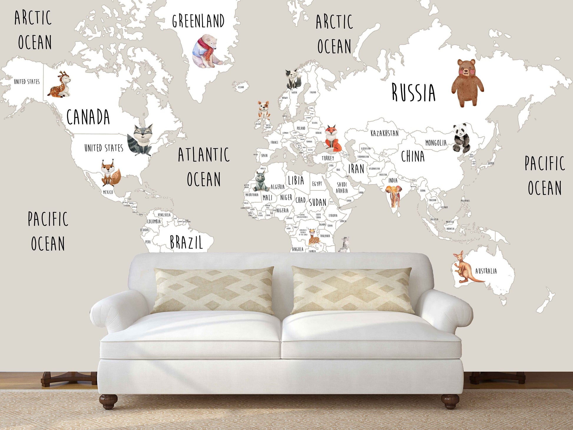 Animal world map World map mural Removable wallpaper Textured wallpaper nursery wallpaper vinyl wallpaper modern wallpaper wall print art