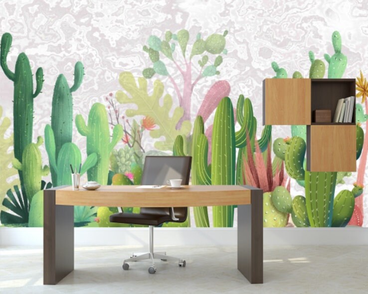 Cactus wall art Cactus print Tropical wallpaper Leaf Removable wallpaper Textured wallpaper fabric wallpaper modern wallpaper