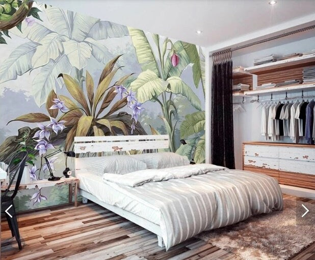 Tropical Leaf Removable wallpaper Exotic Herb poster prints wall art peel and stick mural Textured fabric vinyl wallpaper