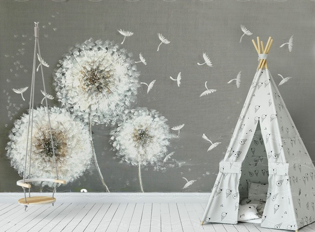 Dandelion wall art Floral wallpaper Peel and stick wall murals Photo Textured wallpaper Botanical removable dark wallpaper