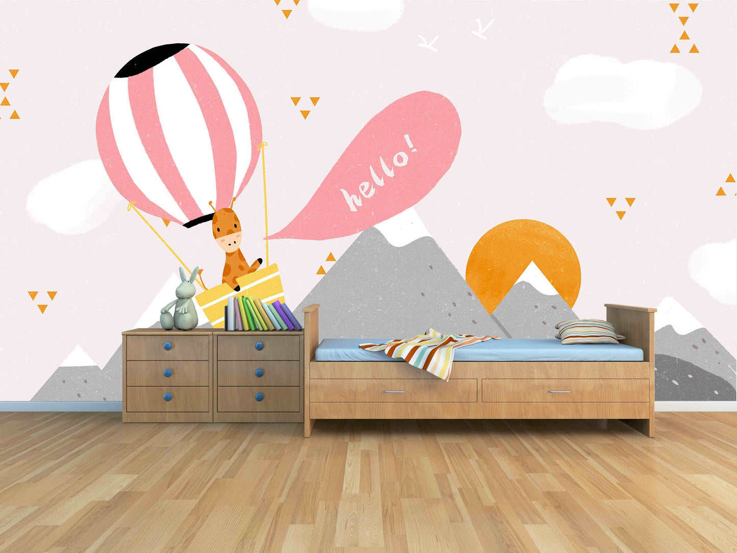 Pink cloud air balloon wallpaper Wall mural prints Peel&stick wallpaper Wall mural prints Wall decor Mountain wall decal