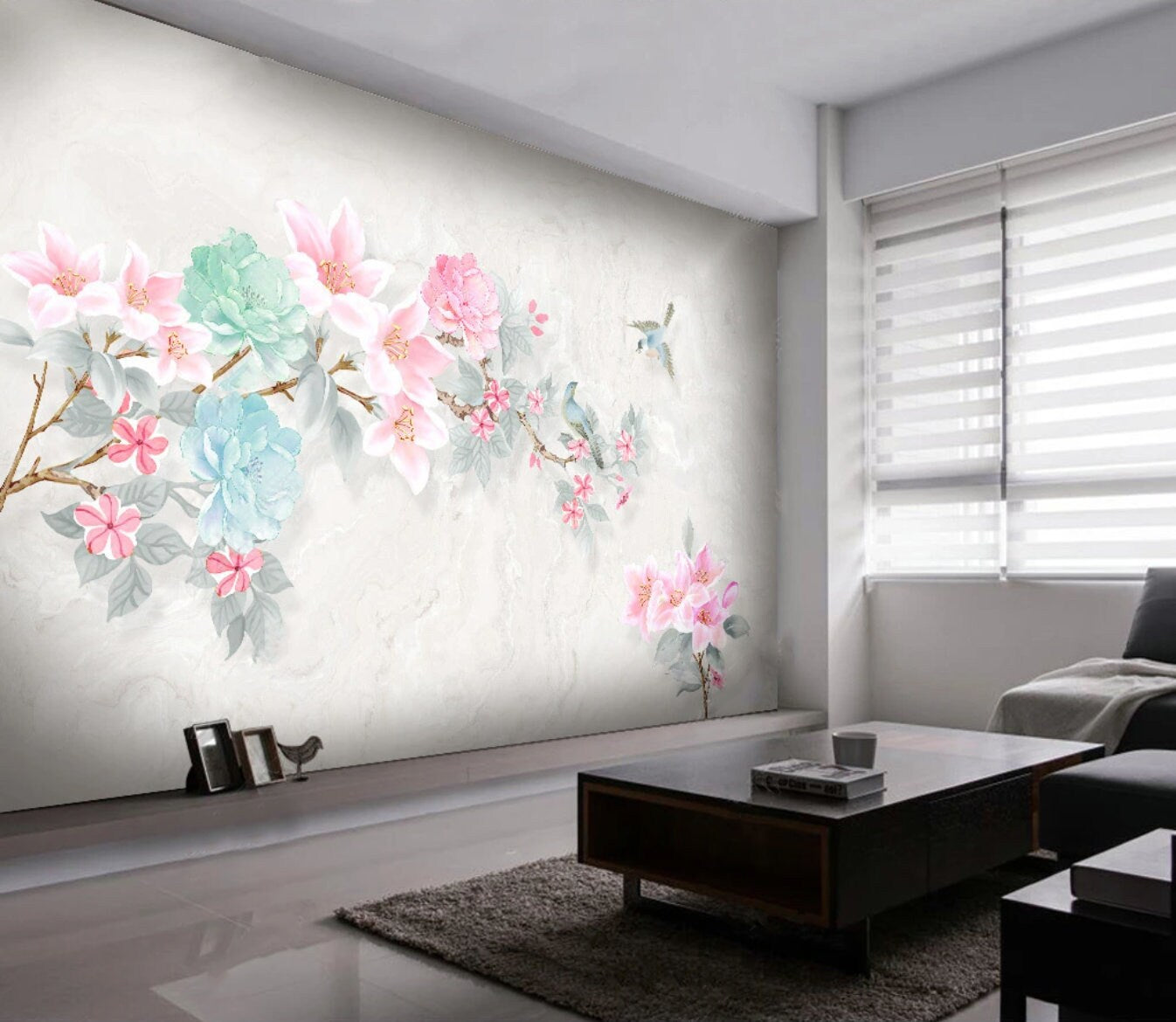 Peel and stick Home wall decor Sakura blossoms Botanical removable Japanese wall art Wallpaper with birds and flowers