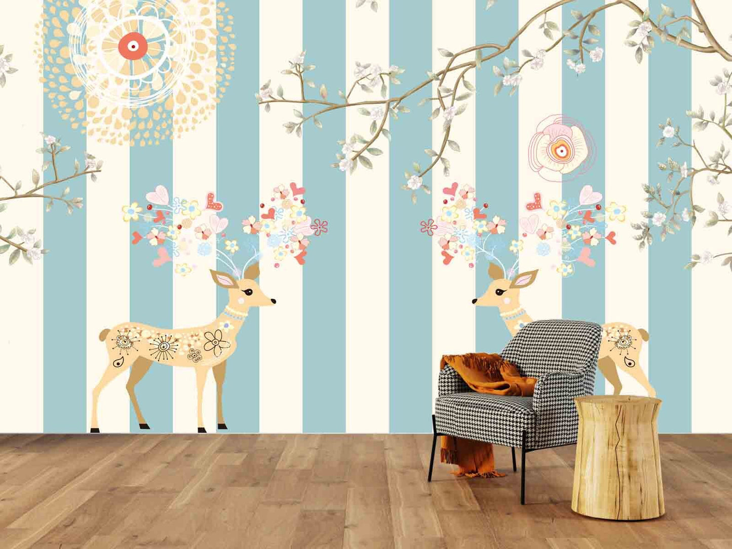 Nursery wallpaper Self adhesive mural Golden deer Home wall decor Peel and stick Giant wall mural Asian wall art Flowers wall mural prints