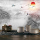 Asian gray marble wallpaper, chinoiserie japanese wallpaper, wall mural prints peel&stick wallpaper, smoky mountains, rising sun wall decal