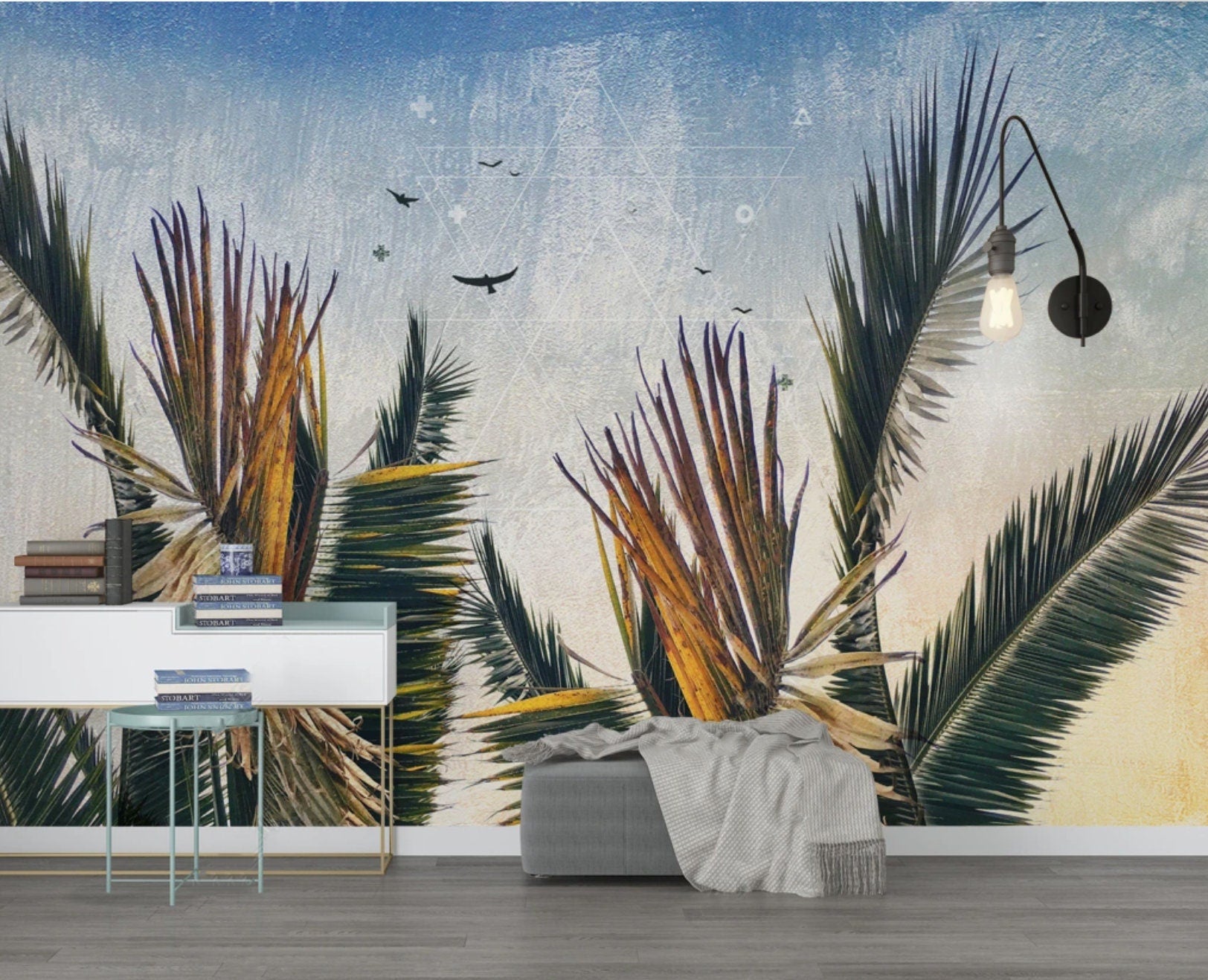 Tropical wallpaper bedroom , palm leaf exotic wallpaper, botanical pattern wallpaper, peel and stick wall mural