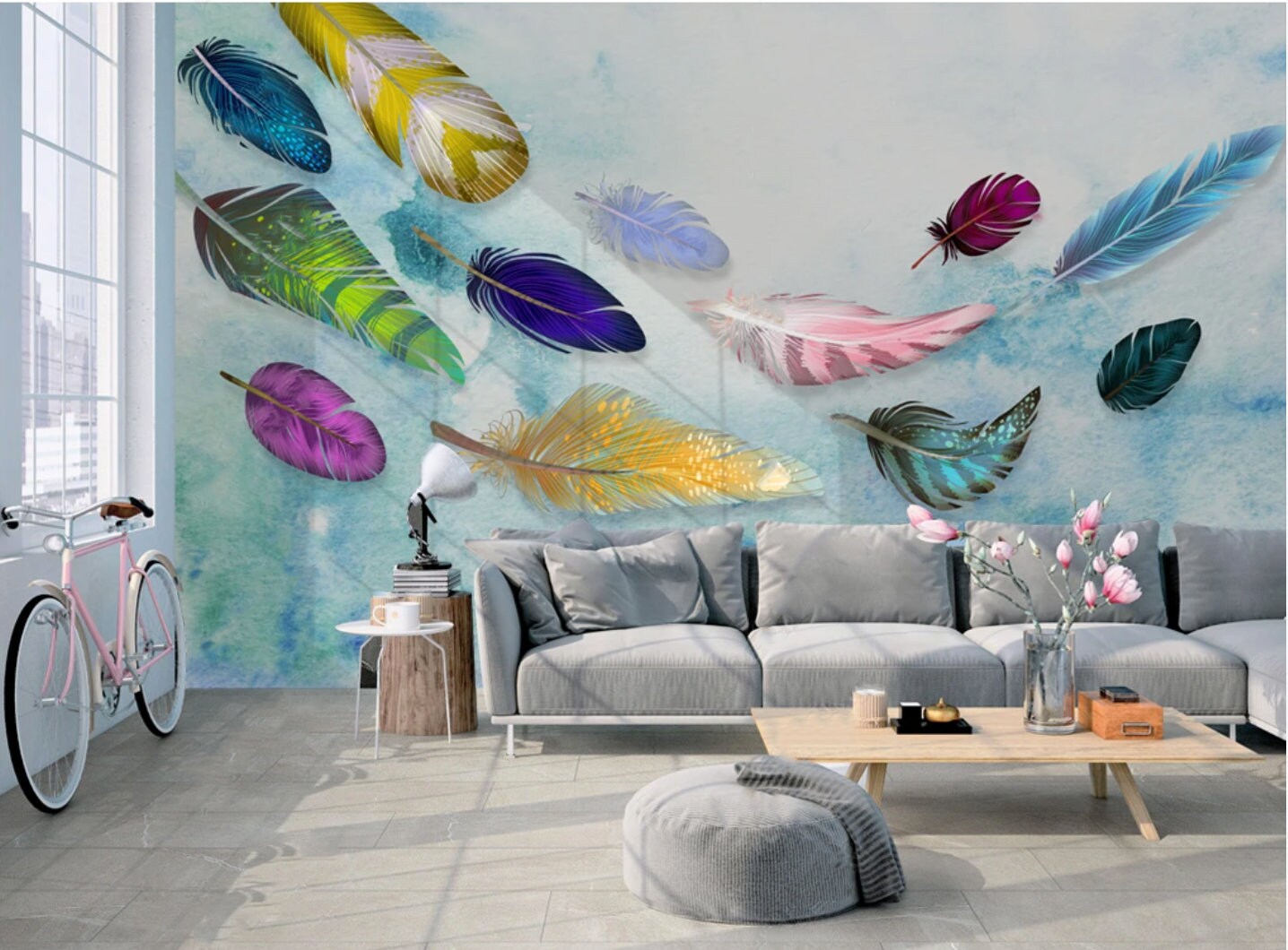 Feather wallpaper peel and stick mural Blue abstract bedroom wallpaper Removable wallpaper Textured wallpaper vinyl wallpaper