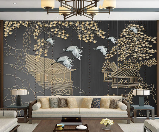 Asian grey gold wallpaper peel and stick wall mural, japanese wallpaper, chinoiserie self adhesivewallpaper, vinyl wall mural prints