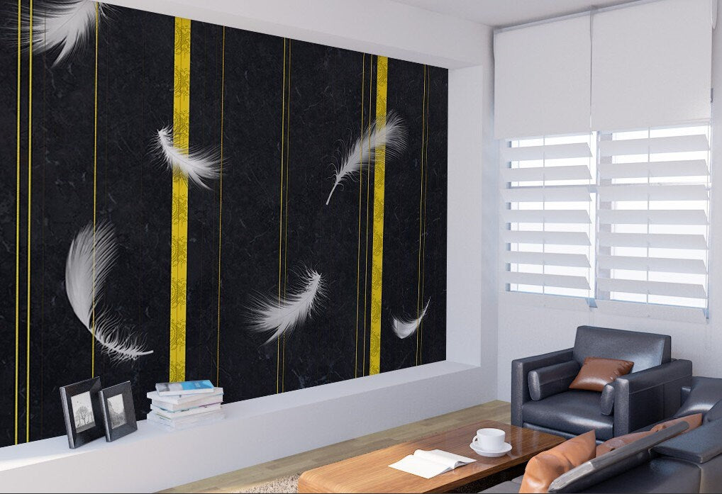 Modern feather wallpaper peel and stick wall mural, large wall decals murals, dark vinyl, canvas wallpaper