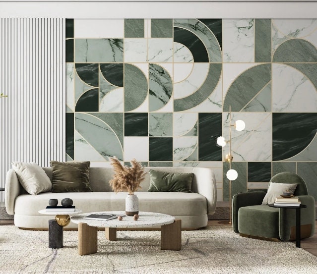 Green marble wallpaper peel and stick wall mural, art deco geometric wall decal prints, abstract wallpaper