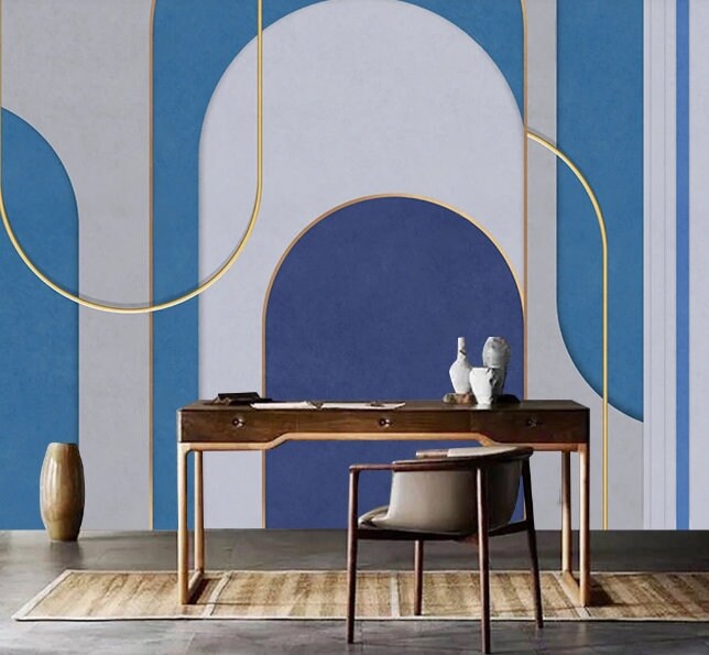 Mid century modern wallpaper peel and stick wall mural, blue wallpaper, accent wallpaper, geometric vinyl wallpaper, canvas wallpaper