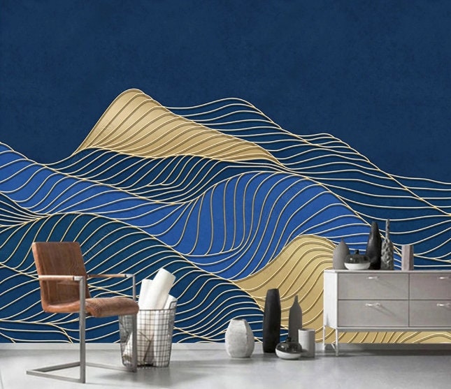 Foggy hills wall mural sticker, blue and gold peel and stick wallpaper, abstract wallpaper, modern mountain vinyl mural, canvas wallpaper