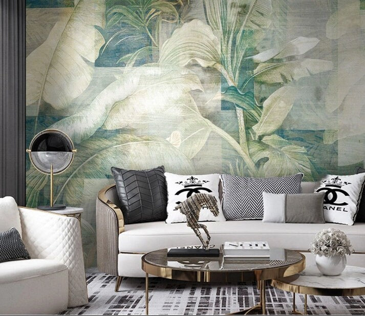 Tropical leaf wallpaper peel and stick wall mural, vinyl wallpaper, modern botanical wallpaper, banana leaf mural