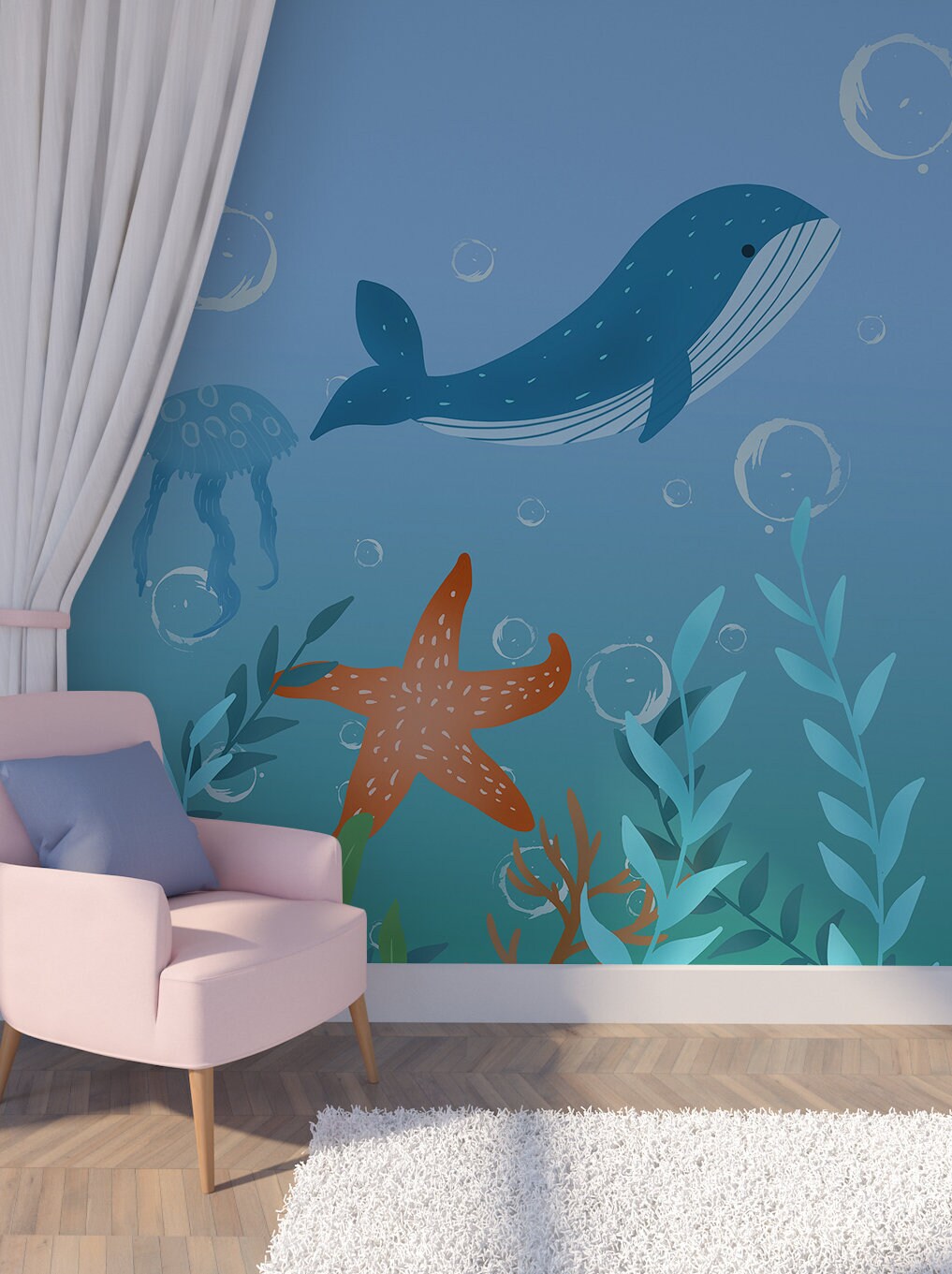 Nursery self adhesive wallpaper, large whale peel and stick wall mural, accentual baby boy wall decal, marine canvas wallpaper for bedroom