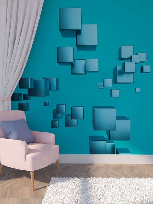 Large 3D peel and stick wallpaper, geometrical self adhesive wall mural, accentual removable blue photo mural, volumetric squares wallpaper