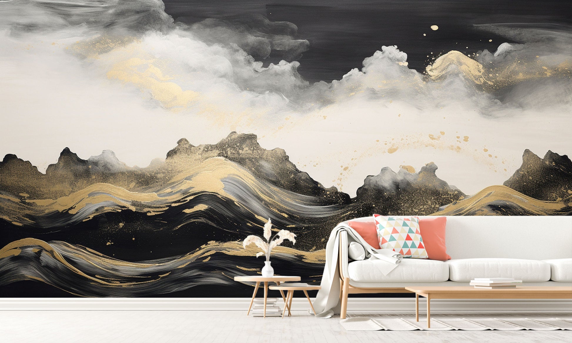 Abstract waves wallpaper, self adhesive black gold wall mural, dark peel and stick wallpaper, removable seascape wallpaper, accentual mural